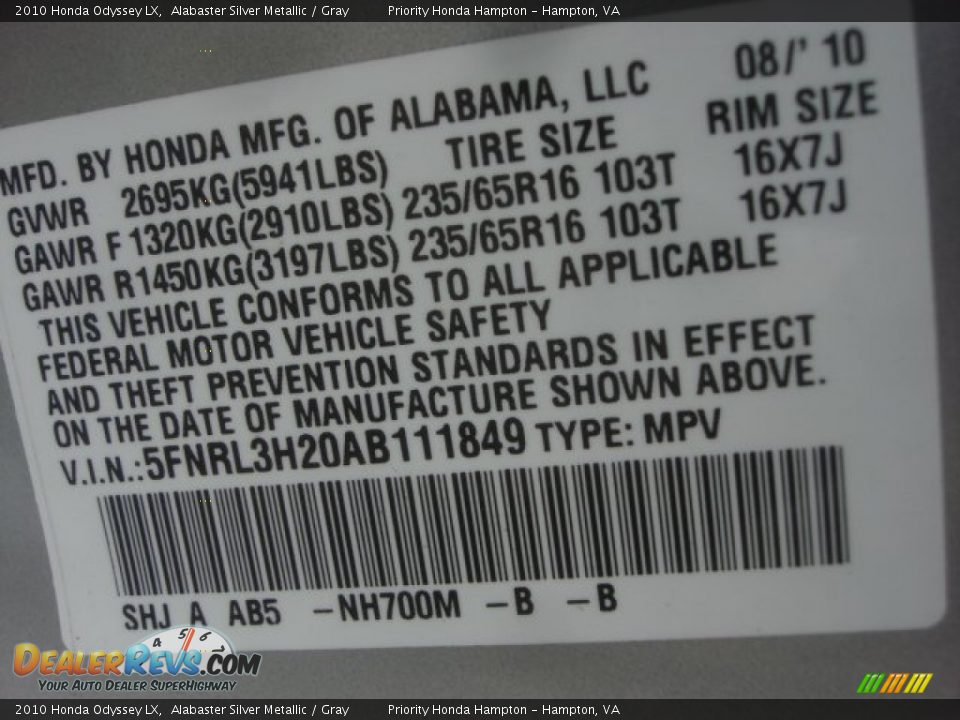 2010 Honda Odyssey LX Alabaster Silver Metallic / Gray Photo #26