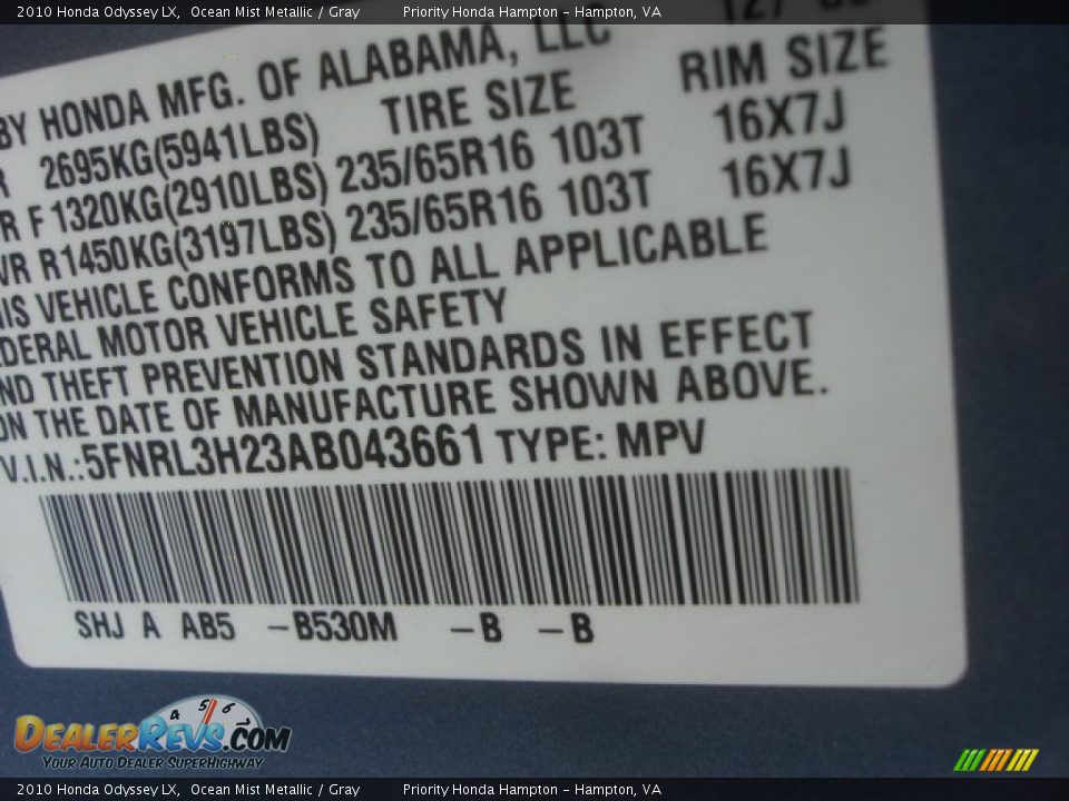 2010 Honda Odyssey LX Ocean Mist Metallic / Gray Photo #26