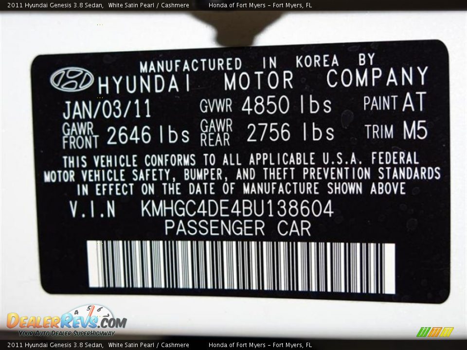 2011 Hyundai Genesis 3.8 Sedan White Satin Pearl / Cashmere Photo #27