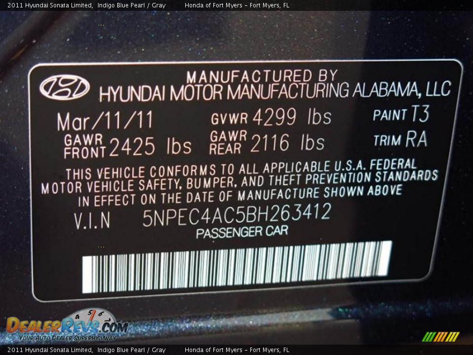 2011 Hyundai Sonata Limited Indigo Blue Pearl / Gray Photo #27