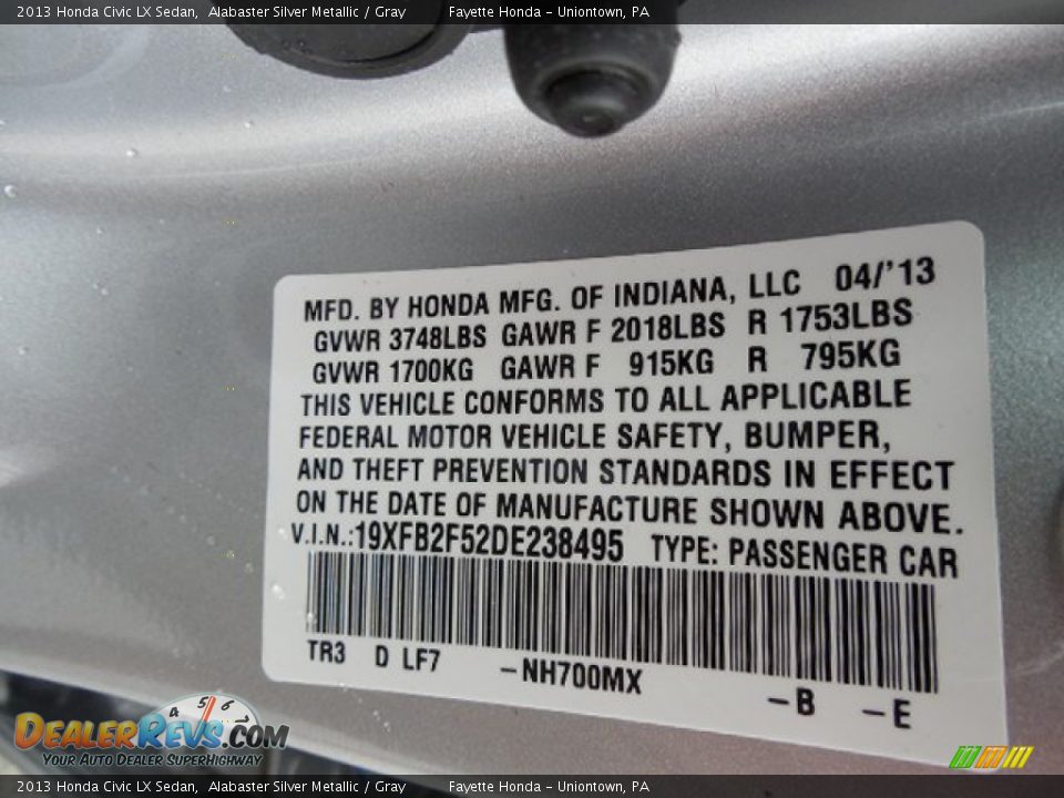 2013 Honda Civic LX Sedan Alabaster Silver Metallic / Gray Photo #9