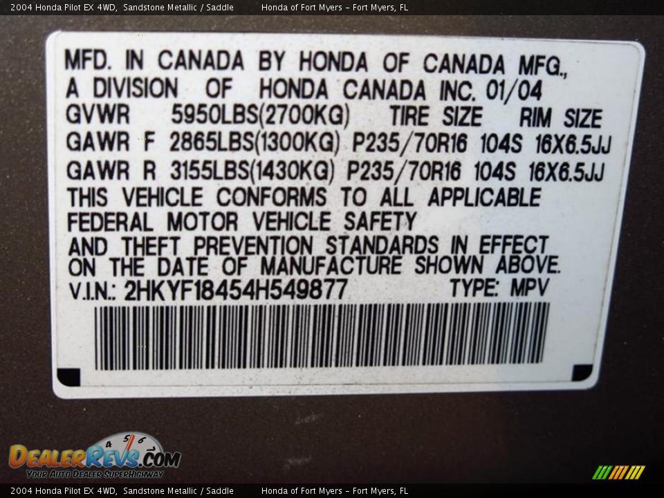 2004 Honda Pilot EX 4WD Sandstone Metallic / Saddle Photo #27