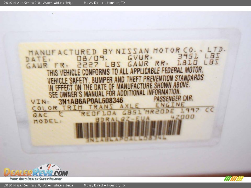 2010 Nissan Sentra 2.0 Aspen White / Beige Photo #12