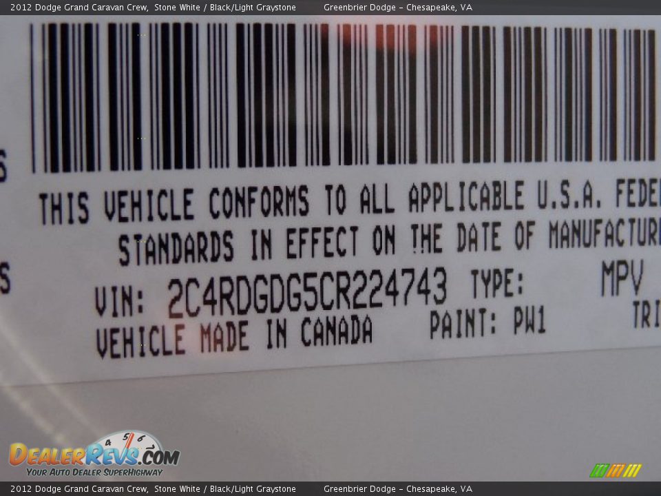 2012 Dodge Grand Caravan Crew Stone White / Black/Light Graystone Photo #29