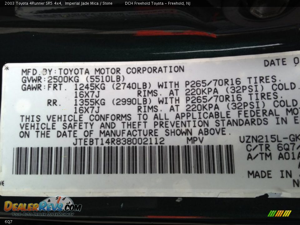 Toyota Color Code 6Q7 Imperial Jade Mica