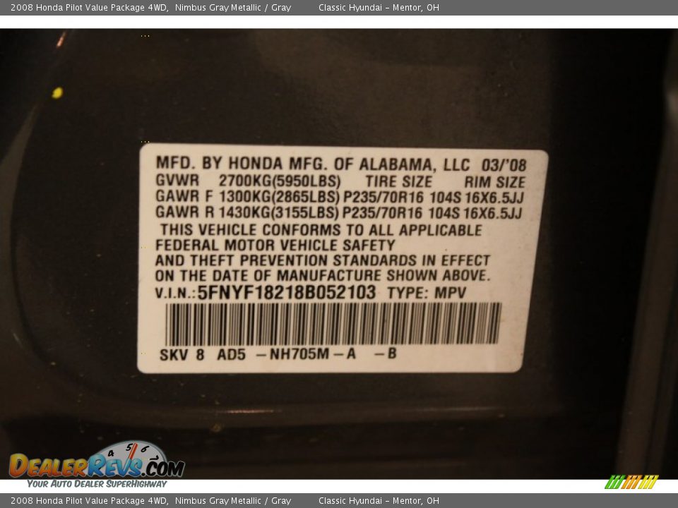 2008 Honda Pilot Value Package 4WD Nimbus Gray Metallic / Gray Photo #17