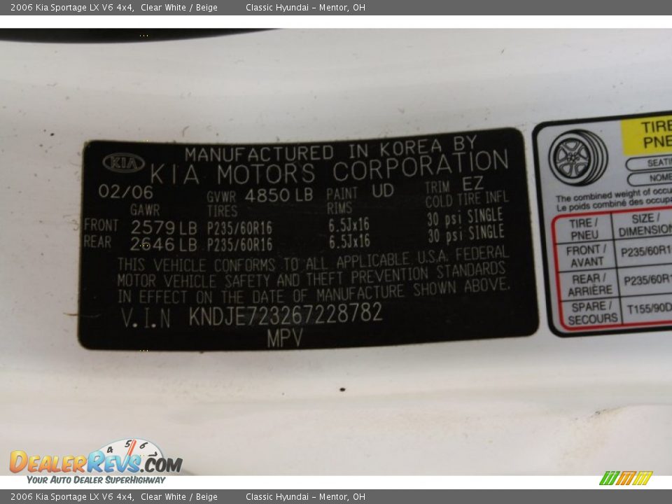 2006 Kia Sportage LX V6 4x4 Clear White / Beige Photo #16
