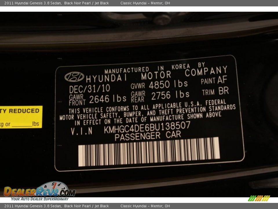 2011 Hyundai Genesis 3.8 Sedan Black Noir Pearl / Jet Black Photo #17