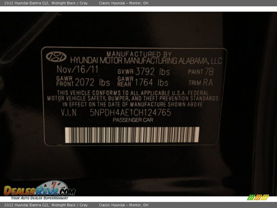 2012 Hyundai Elantra GLS Midnight Black / Gray Photo #16