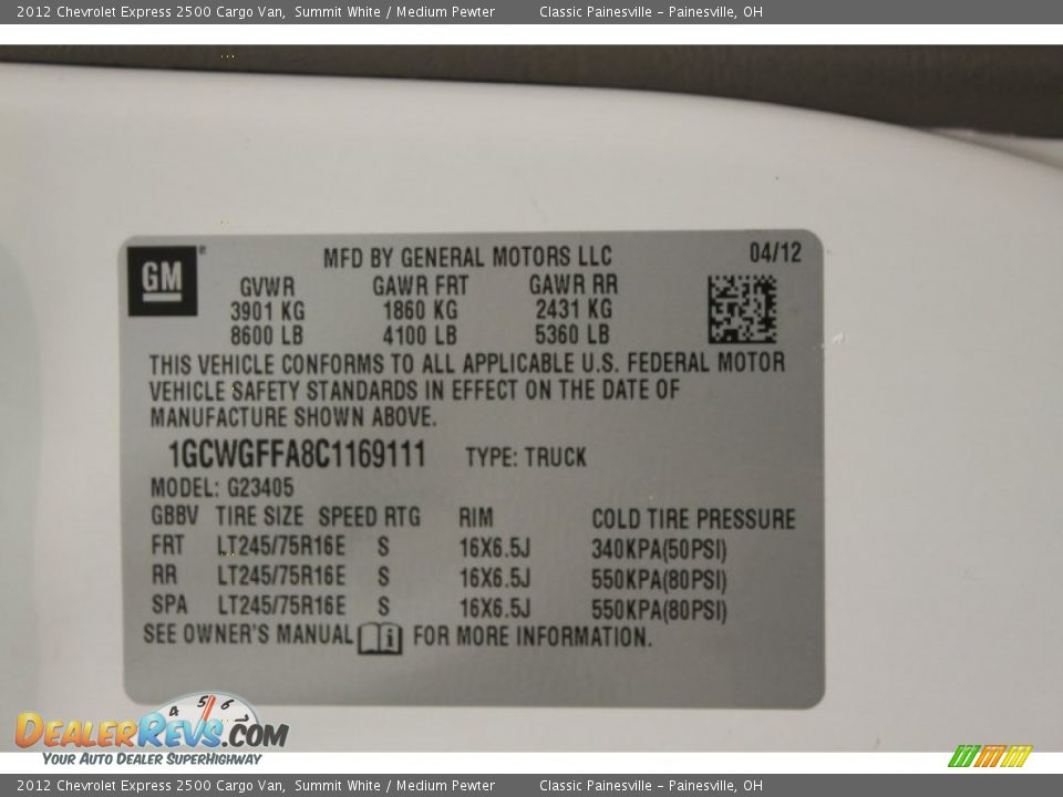 2012 Chevrolet Express 2500 Cargo Van Summit White / Medium Pewter Photo #15