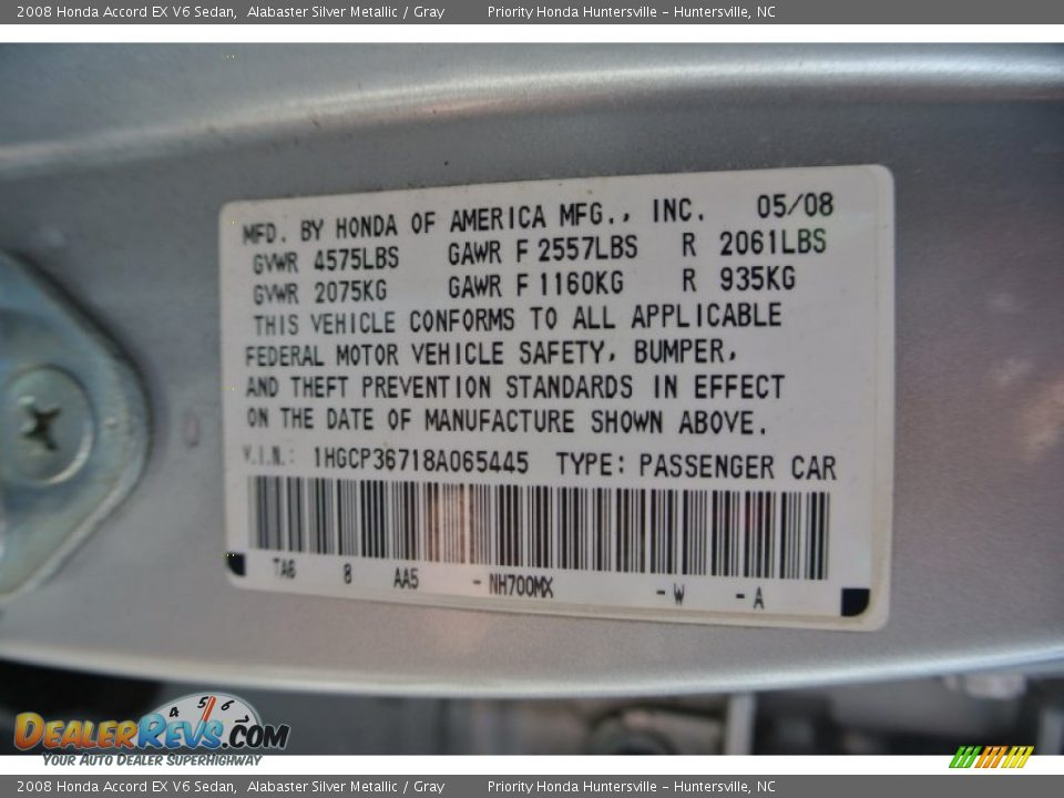 2008 Honda Accord EX V6 Sedan Alabaster Silver Metallic / Gray Photo #7