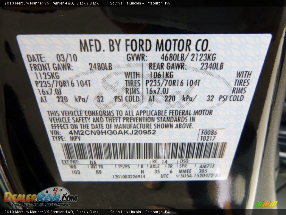 2010 Mercury Mariner V6 Premier 4WD Black / Black Photo #24