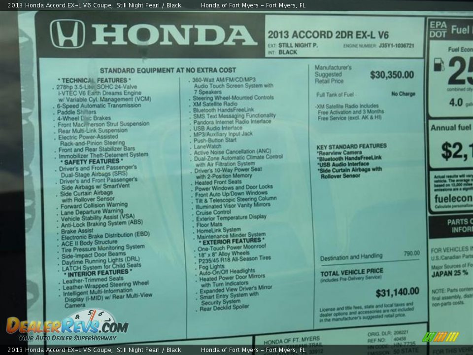 2013 Honda Accord EX-L V6 Coupe Still Night Pearl / Black Photo #10