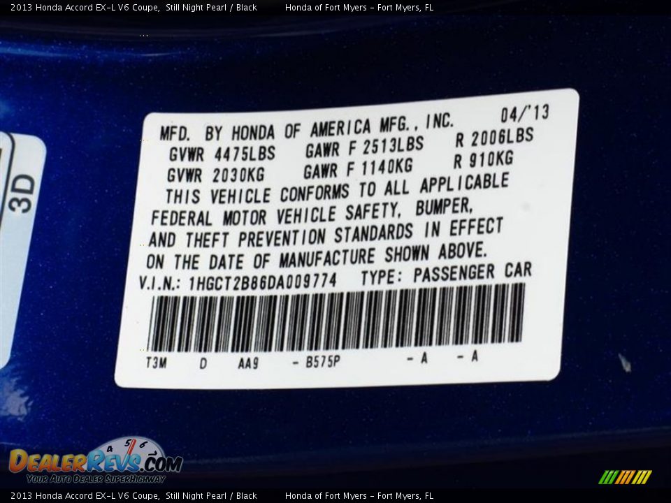 2013 Honda Accord EX-L V6 Coupe Still Night Pearl / Black Photo #11