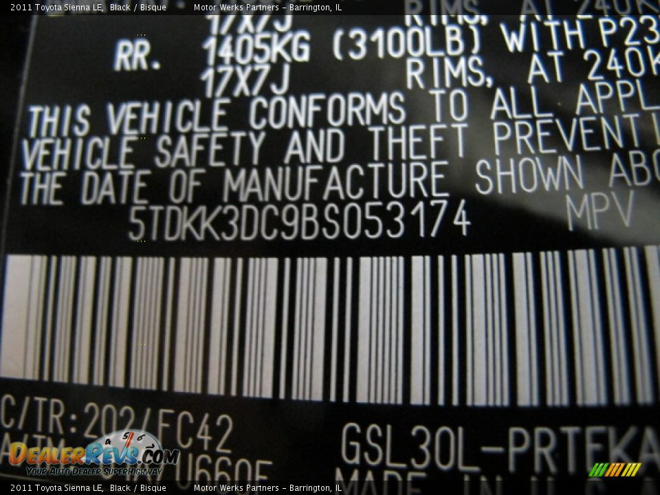 2011 Toyota Sienna LE Black / Bisque Photo #36