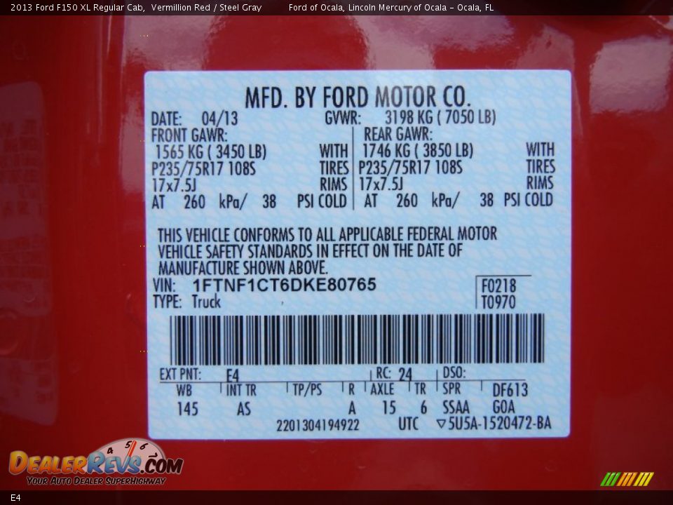 Ford Color Code E4 Vermillion Red