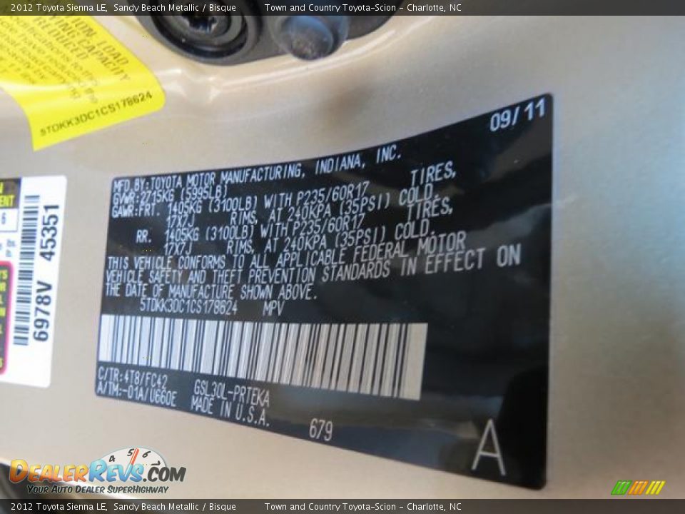 2012 Toyota Sienna LE Sandy Beach Metallic / Bisque Photo #9