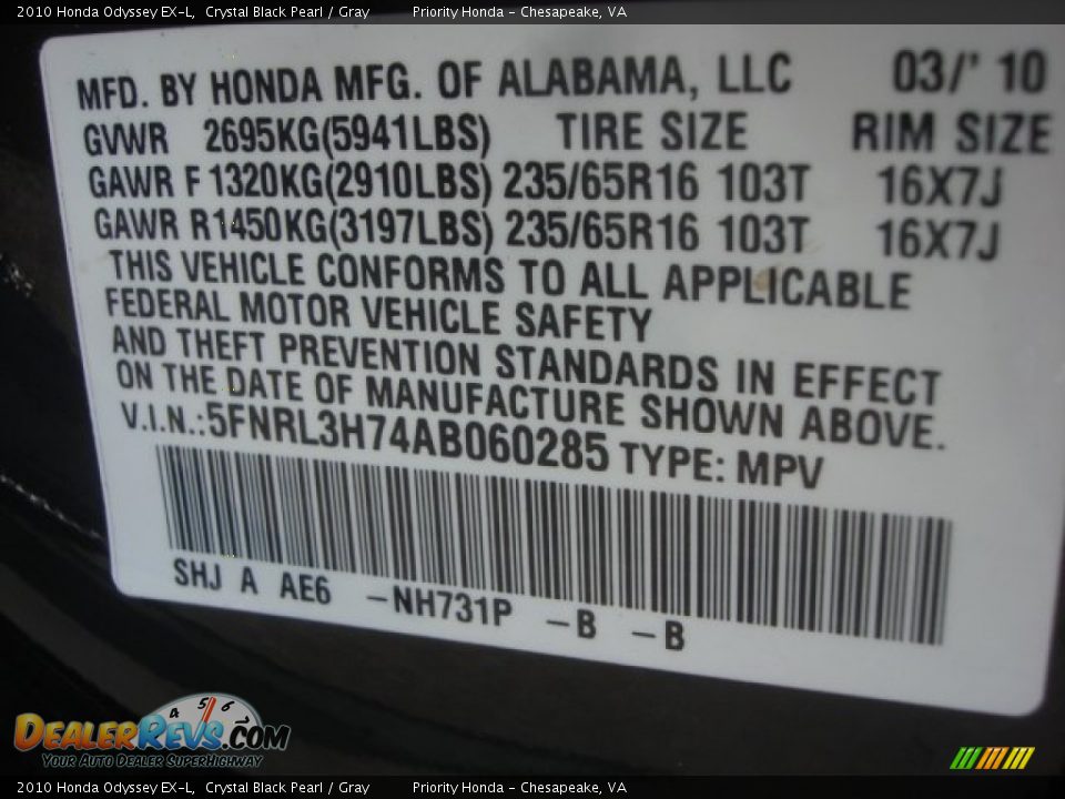 2010 Honda Odyssey EX-L Crystal Black Pearl / Gray Photo #24