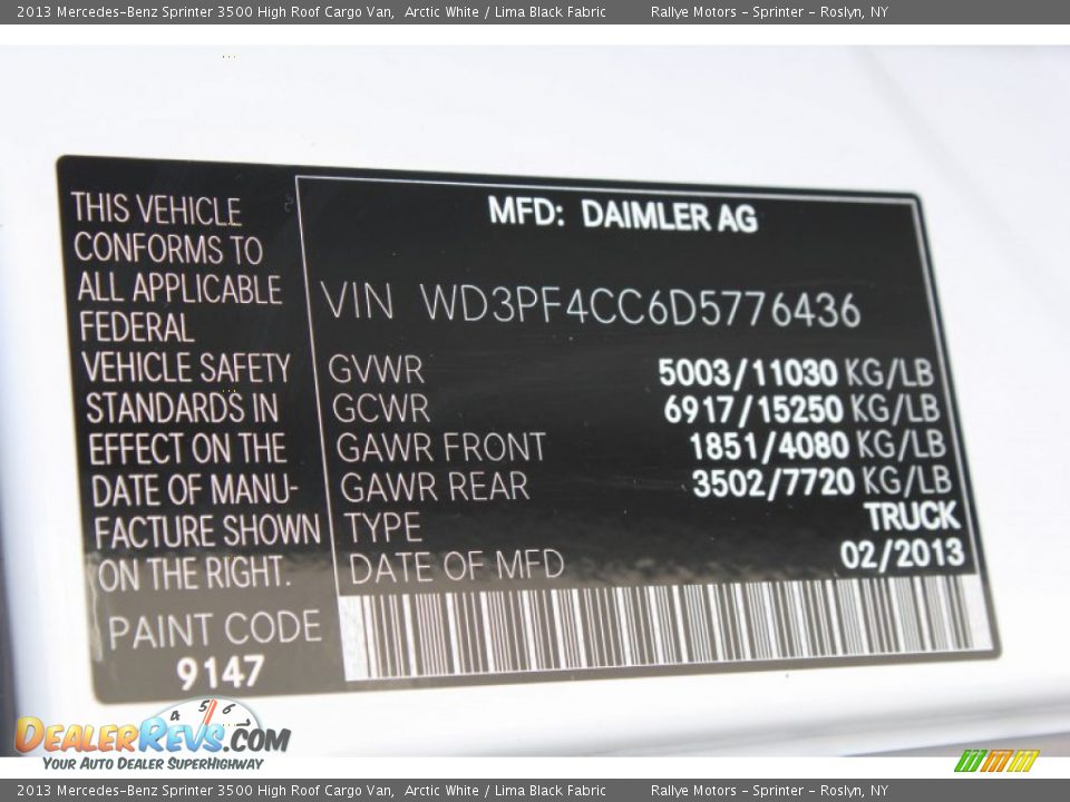 2013 Mercedes-Benz Sprinter 3500 High Roof Cargo Van Arctic White / Lima Black Fabric Photo #18