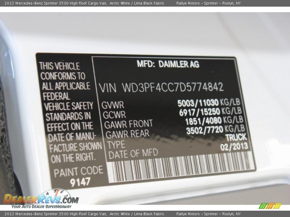2013 Mercedes-Benz Sprinter 3500 High Roof Cargo Van Arctic White / Lima Black Fabric Photo #18