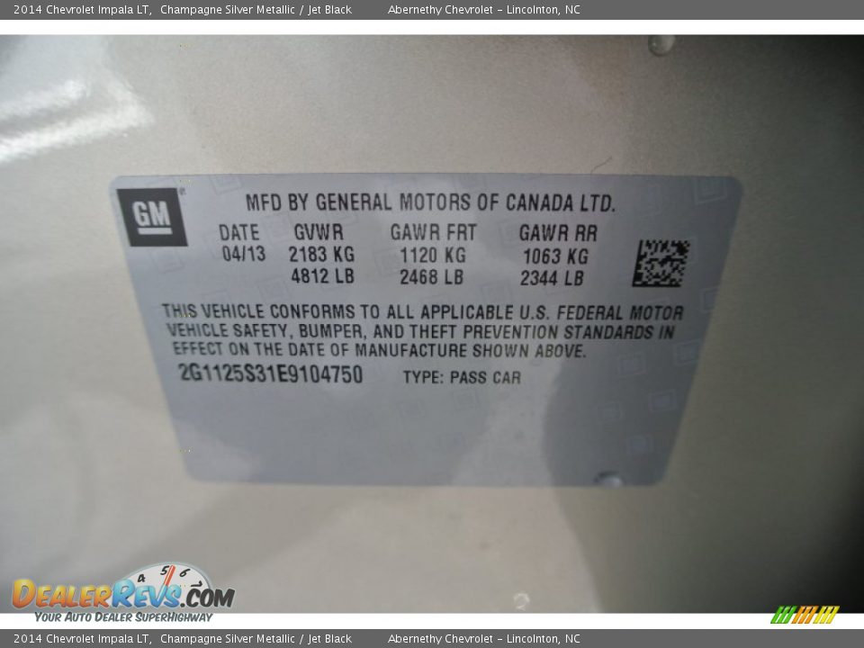 Info Tag of 2014 Chevrolet Impala LT Photo #7
