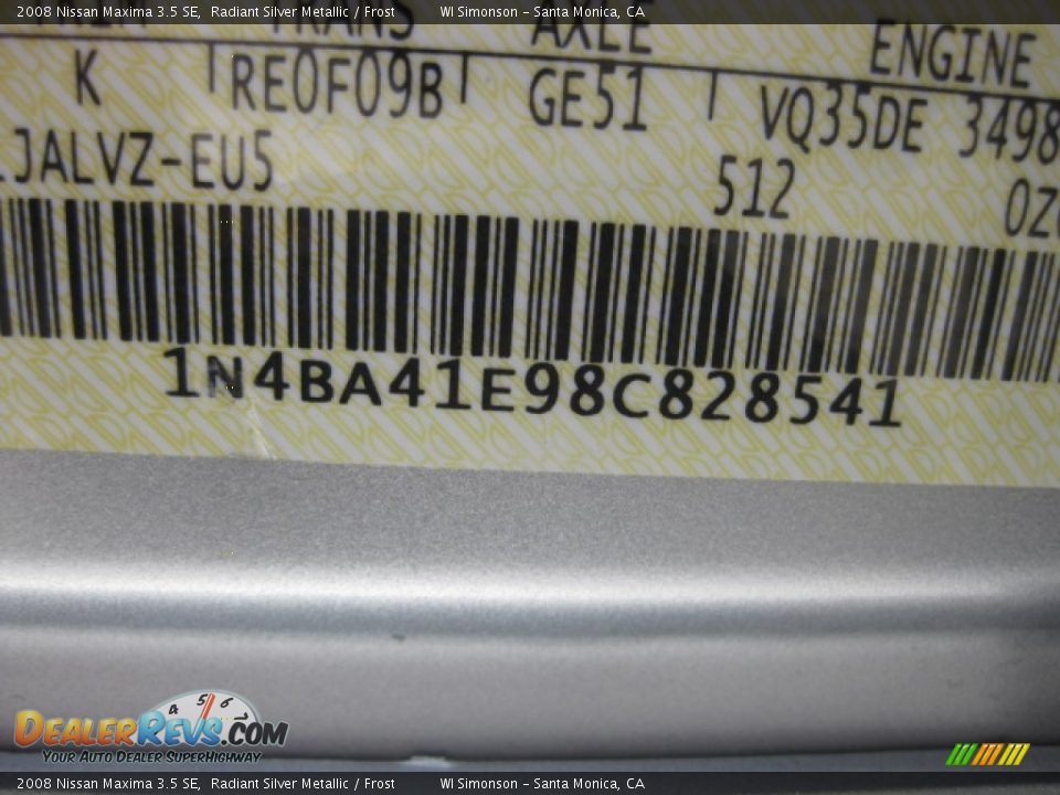 2008 Nissan Maxima 3.5 SE Radiant Silver Metallic / Frost Photo #25