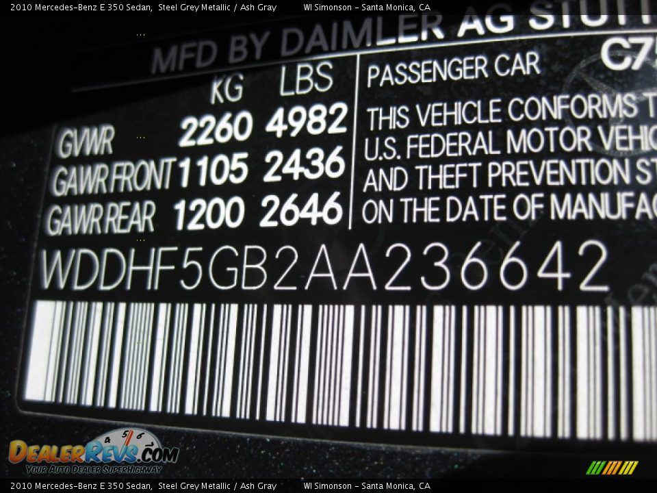 2010 Mercedes-Benz E 350 Sedan Steel Grey Metallic / Ash Gray Photo #25