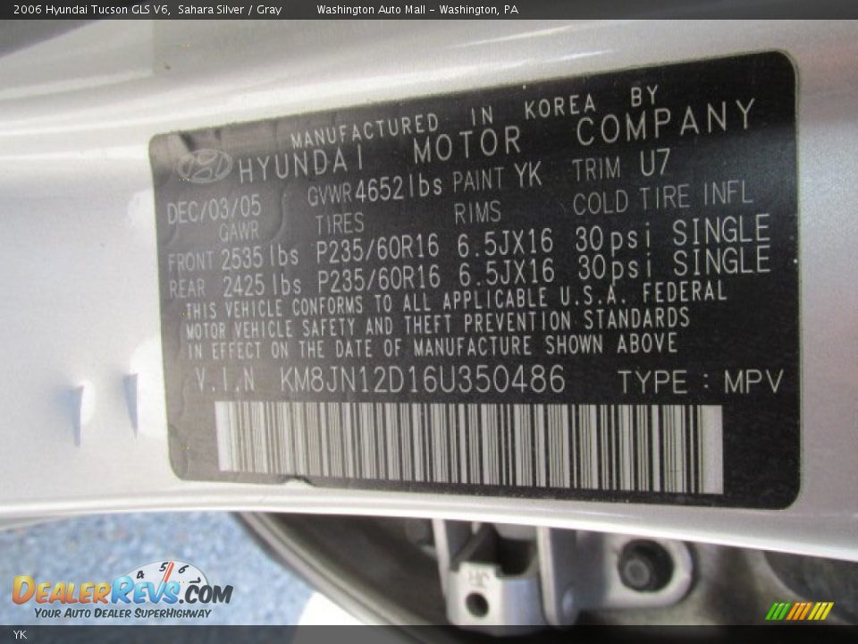 Hyundai Color Code YK Sahara Silver