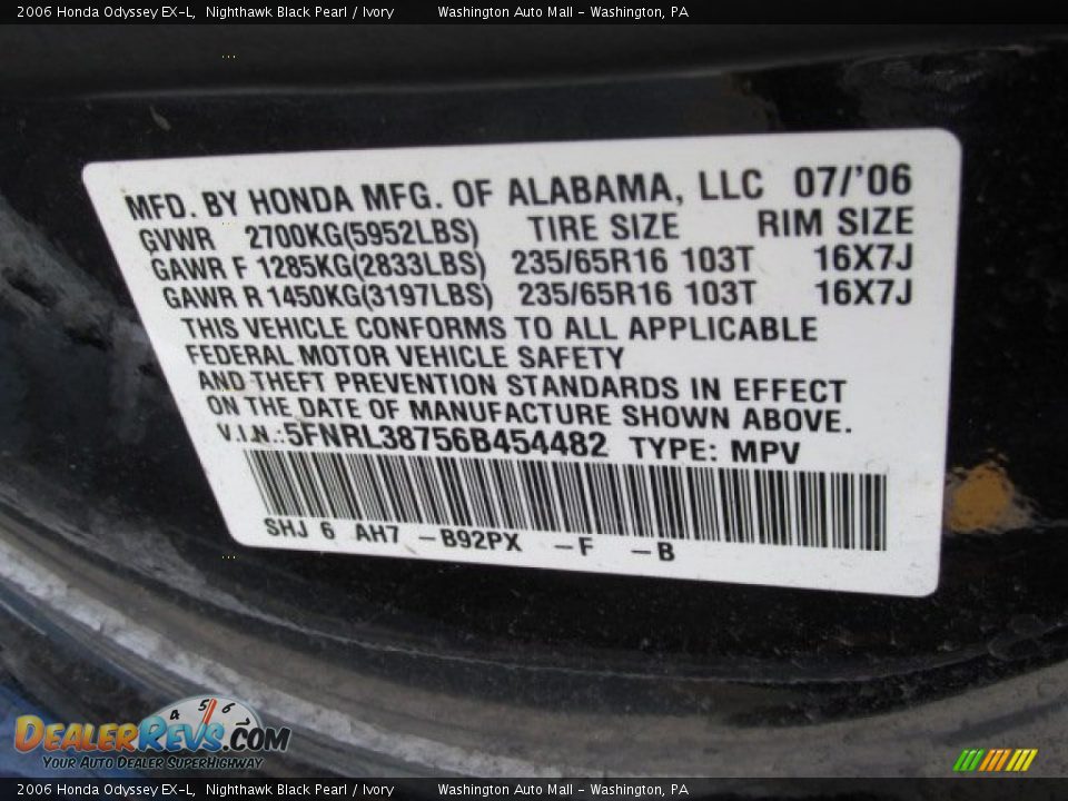2006 Honda Odyssey EX-L Nighthawk Black Pearl / Ivory Photo #19