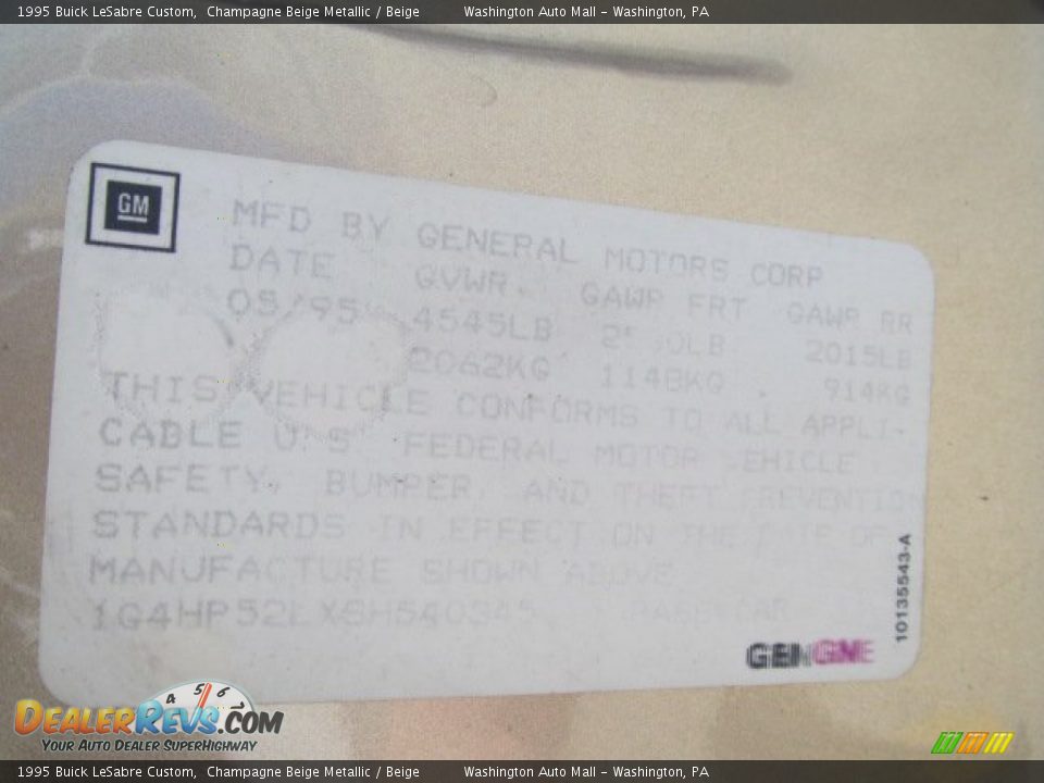 Info Tag of 1995 Buick LeSabre Custom Photo #19