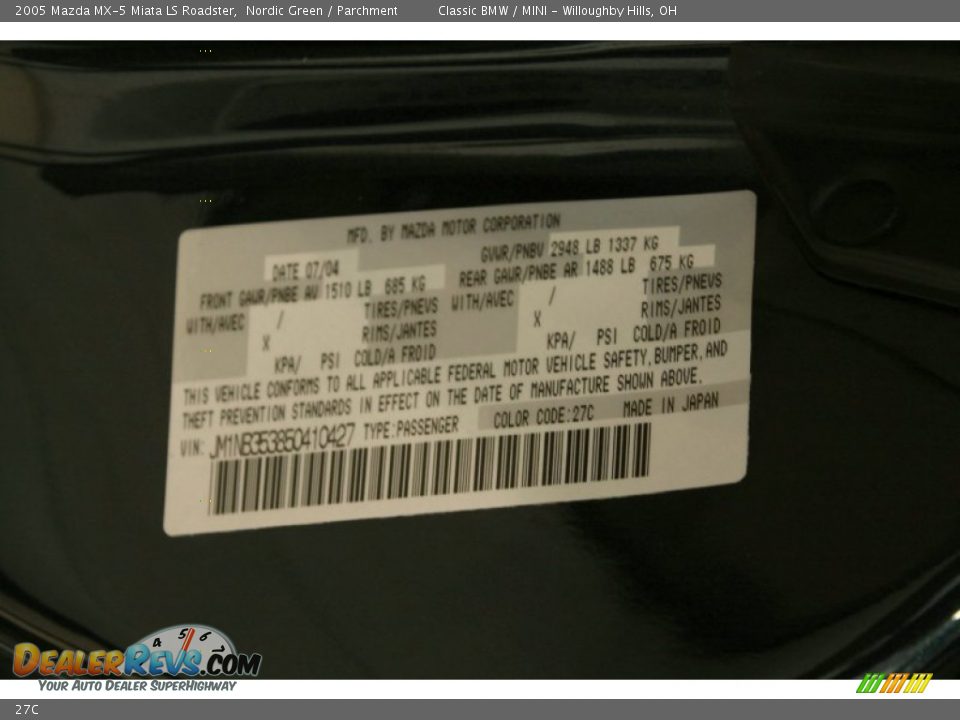 Mazda Color Code 27C Nordic Green