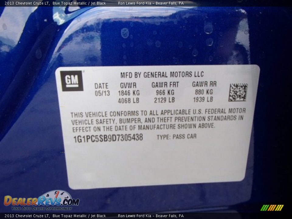 2013 Chevrolet Cruze LT Blue Topaz Metallic / Jet Black Photo #20