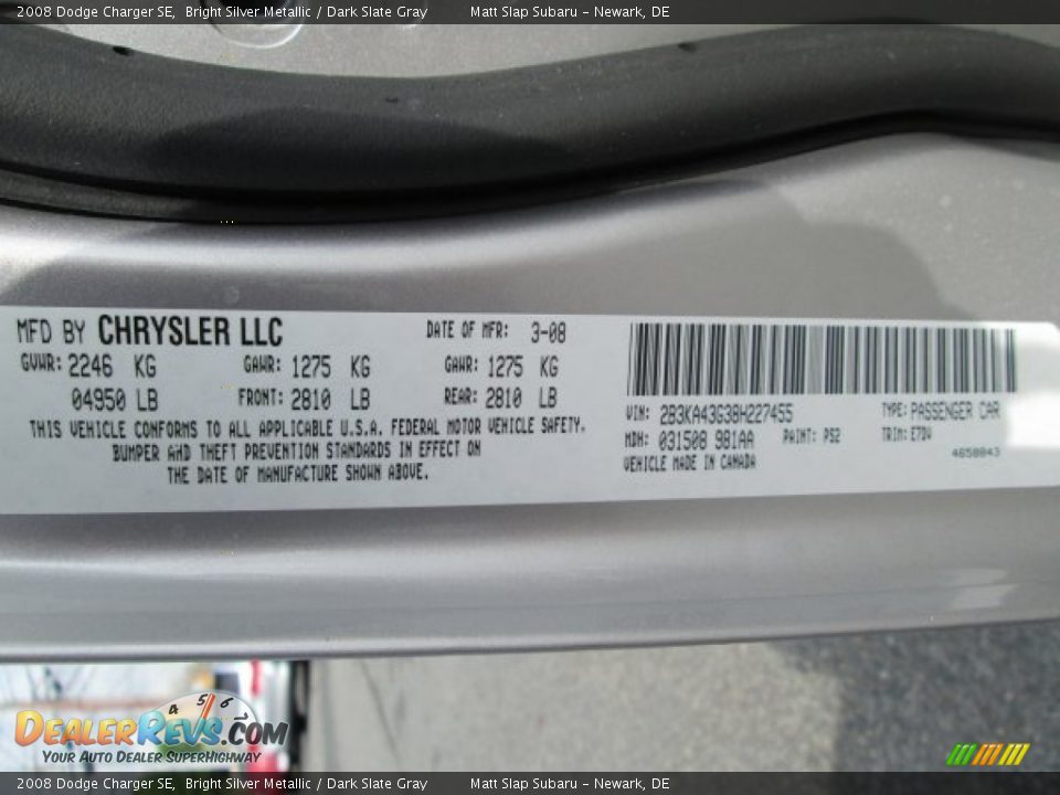 2008 Dodge Charger SE Bright Silver Metallic / Dark Slate Gray Photo #28