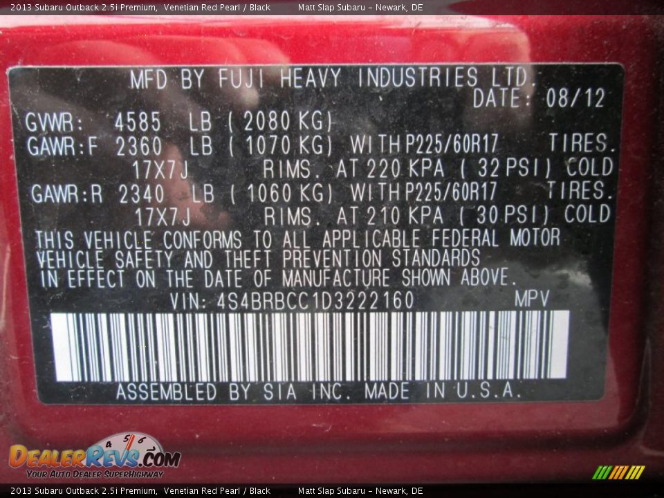 2013 Subaru Outback 2.5i Premium Venetian Red Pearl / Black Photo #28