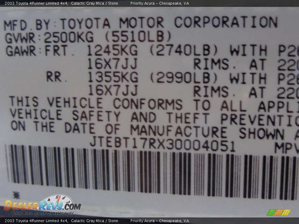 2003 Toyota 4Runner Limited 4x4 Galactic Gray Mica / Stone Photo #30