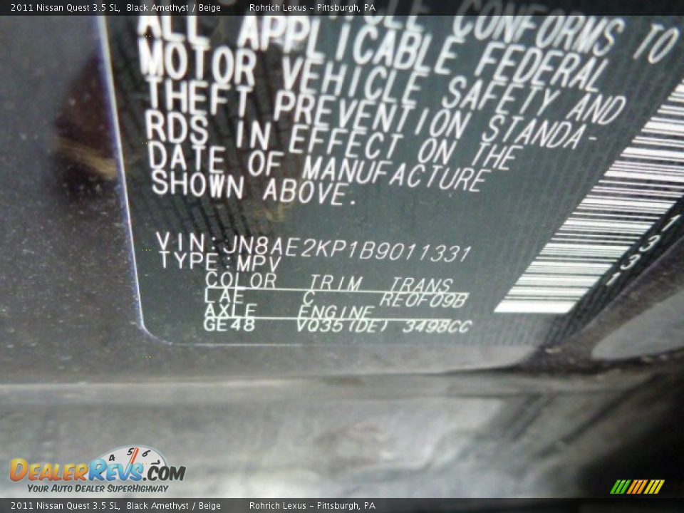 2011 Nissan Quest 3.5 SL Black Amethyst / Beige Photo #20