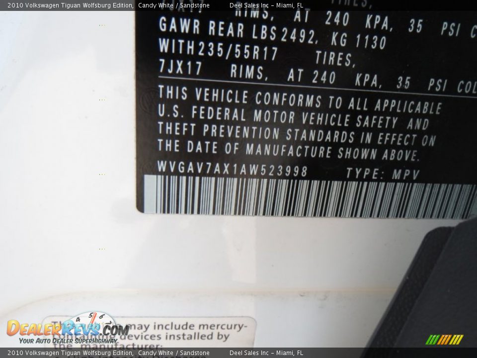 2010 Volkswagen Tiguan Wolfsburg Edition Candy White / Sandstone Photo #14