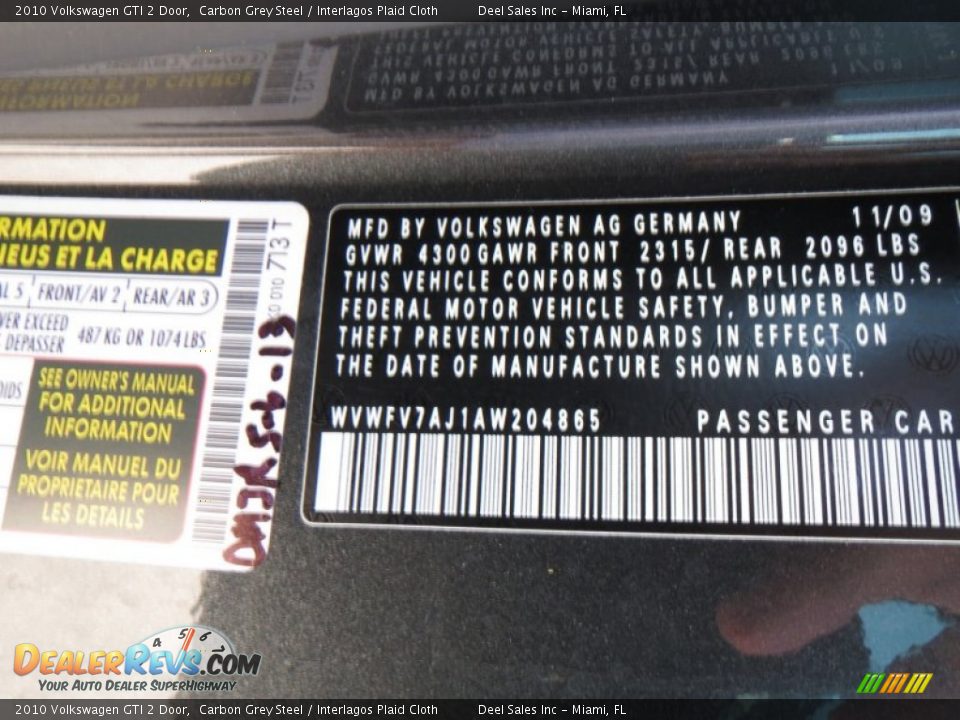 2010 Volkswagen GTI 2 Door Carbon Grey Steel / Interlagos Plaid Cloth Photo #14