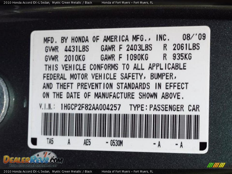 2010 Honda Accord EX-L Sedan Mystic Green Metallic / Black Photo #18