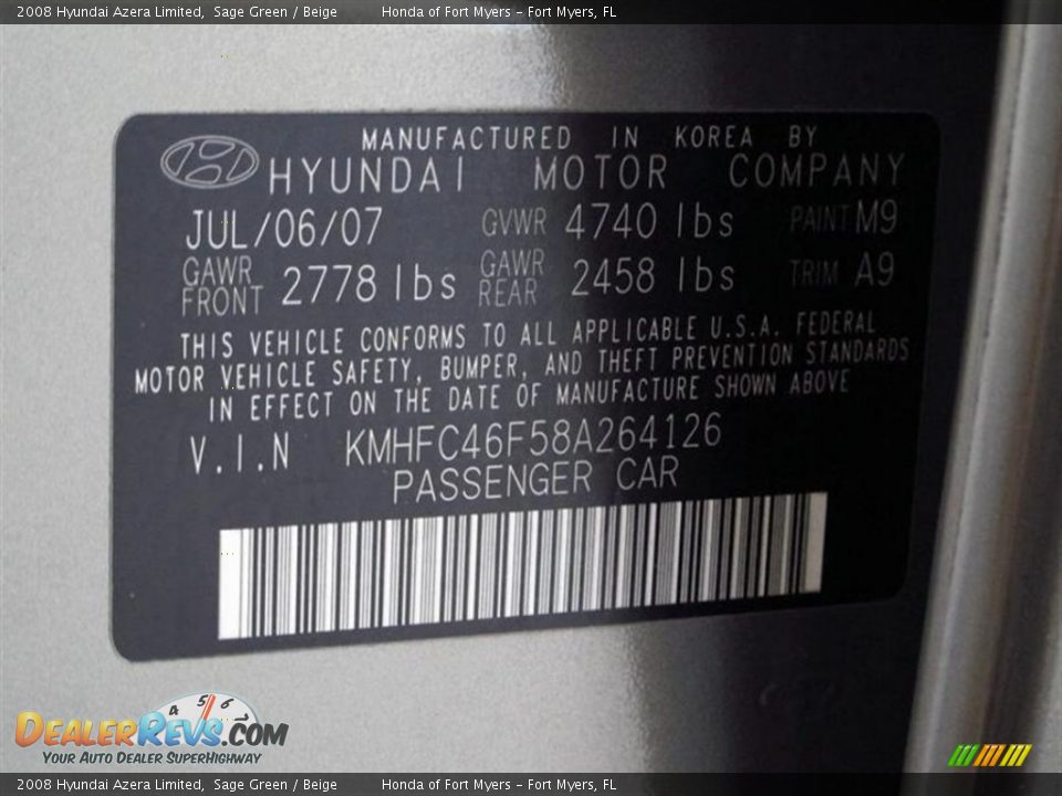 2008 Hyundai Azera Limited Sage Green / Beige Photo #27