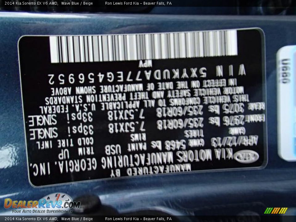 2014 Kia Sorento EX V6 AWD Wave Blue / Beige Photo #20