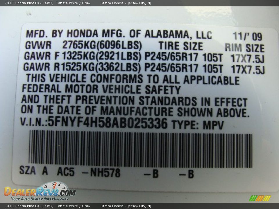 2010 Honda Pilot EX-L 4WD Taffeta White / Gray Photo #16