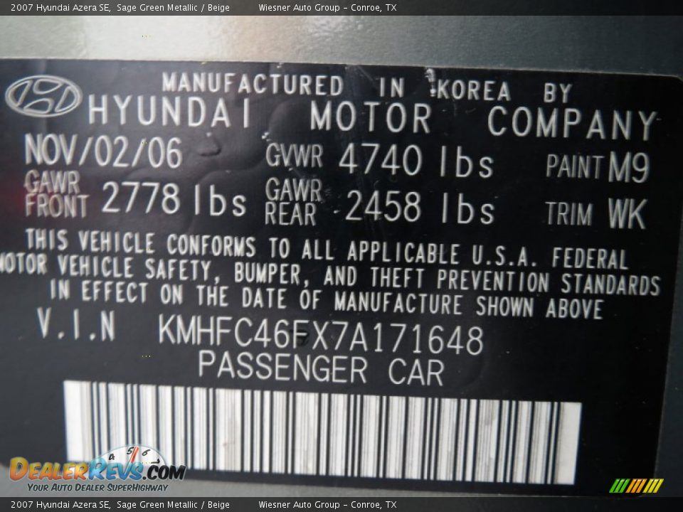 2007 Hyundai Azera SE Sage Green Metallic / Beige Photo #6