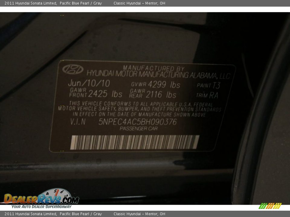 2011 Hyundai Sonata Limited Pacific Blue Pearl / Gray Photo #25