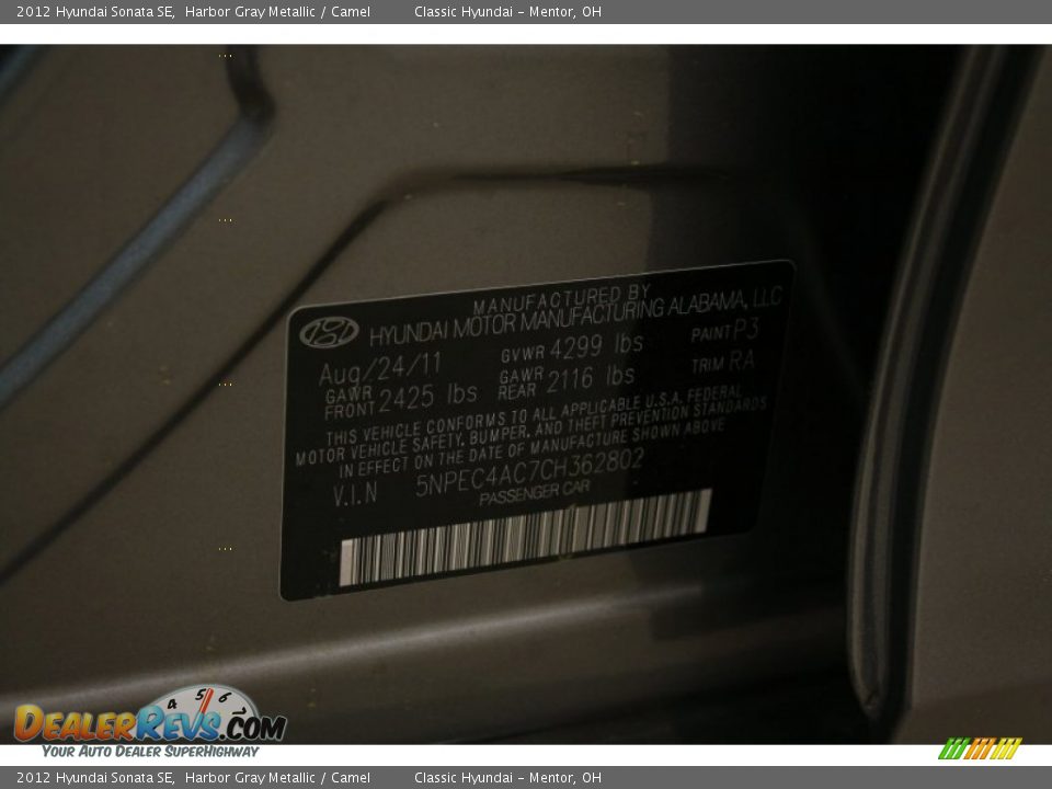 2012 Hyundai Sonata SE Harbor Gray Metallic / Camel Photo #17