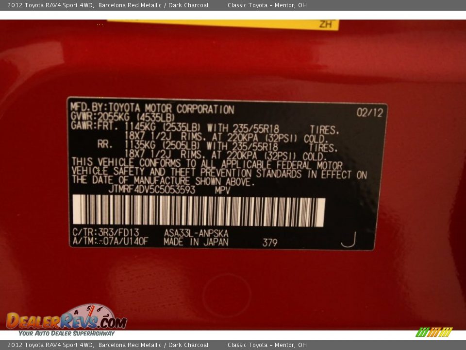 2012 Toyota RAV4 Sport 4WD Barcelona Red Metallic / Dark Charcoal Photo #18
