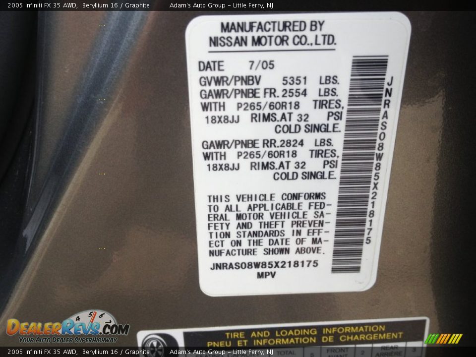 2005 Infiniti FX 35 AWD Beryllium 16 / Graphite Photo #31
