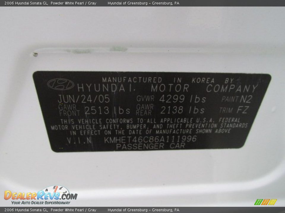 2006 Hyundai Sonata GL Powder White Pearl / Gray Photo #22