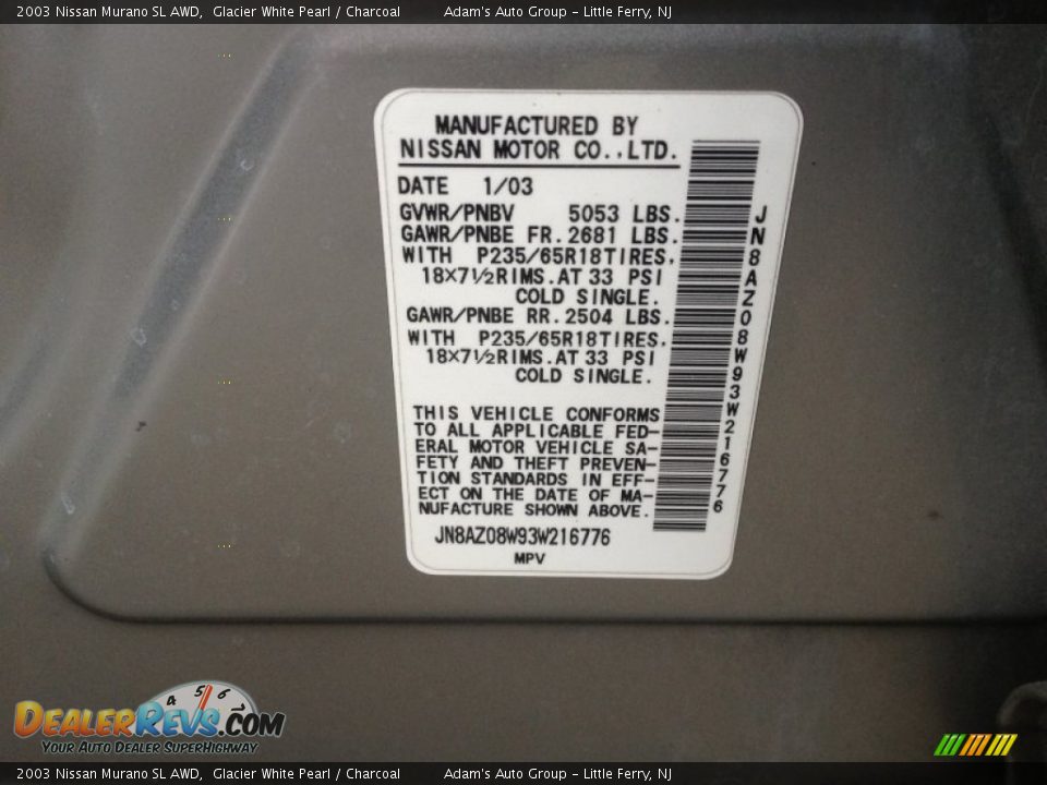 2003 Nissan Murano SL AWD Glacier White Pearl / Charcoal Photo #26