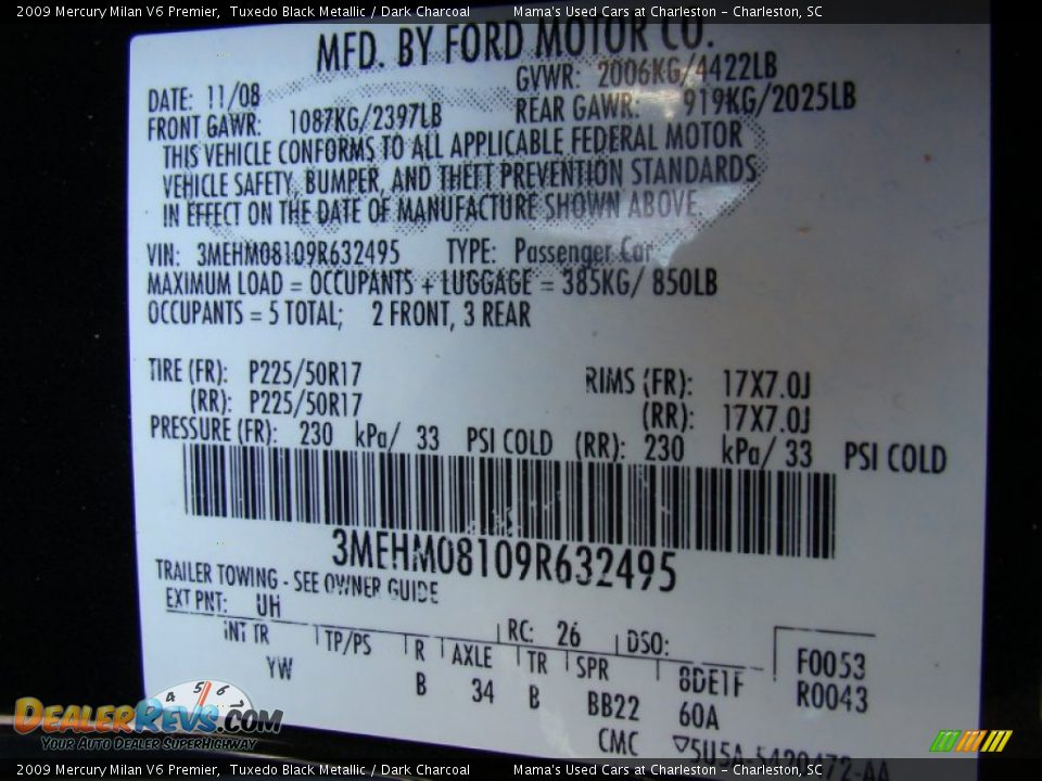 2009 Mercury Milan V6 Premier Tuxedo Black Metallic / Dark Charcoal Photo #21